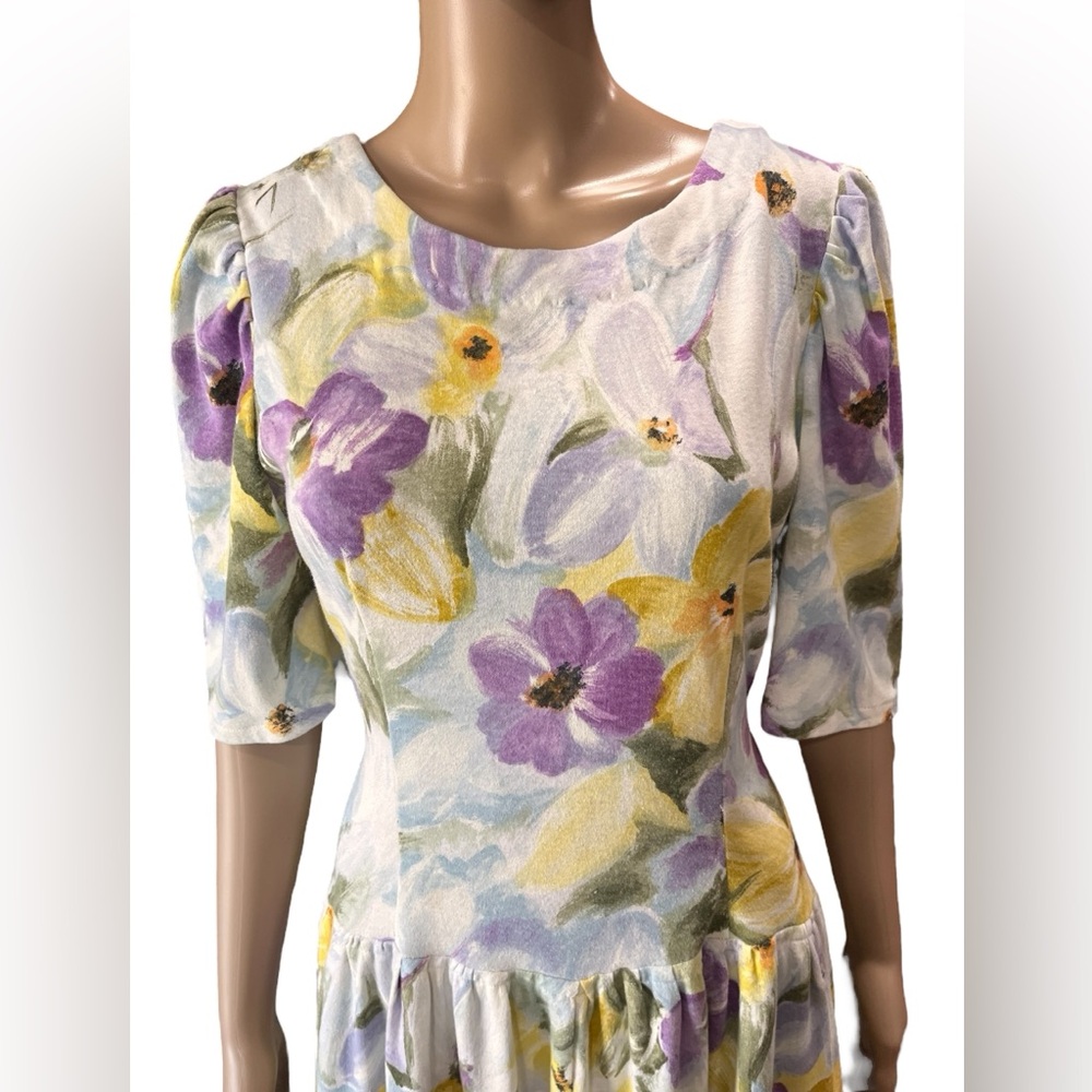 Vintage 1980’s Floral cotton Midi Dress Fit & Flare Handmade Roses Cottagecore - Picture 3 of 10